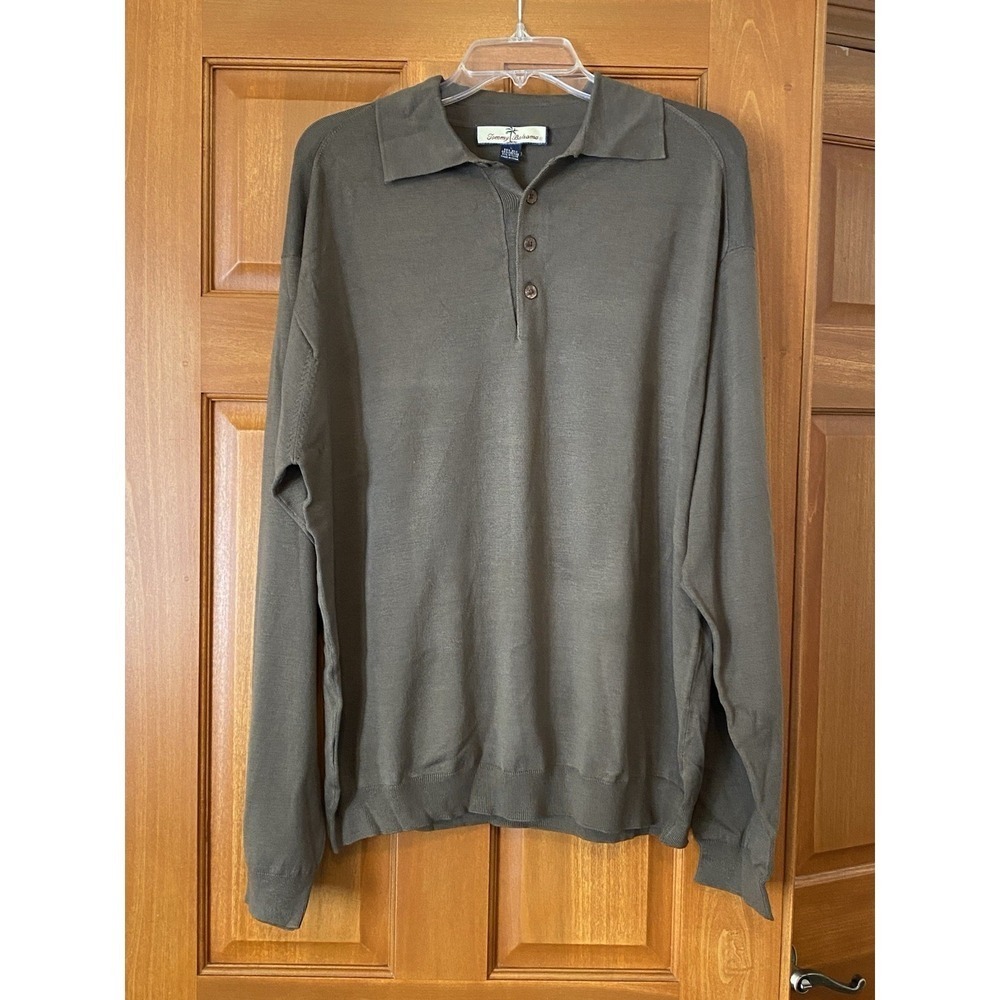 Tommy Bahama Long Sleeve Polo Mens Large Dark Green Silk Blend Old Money Casual
